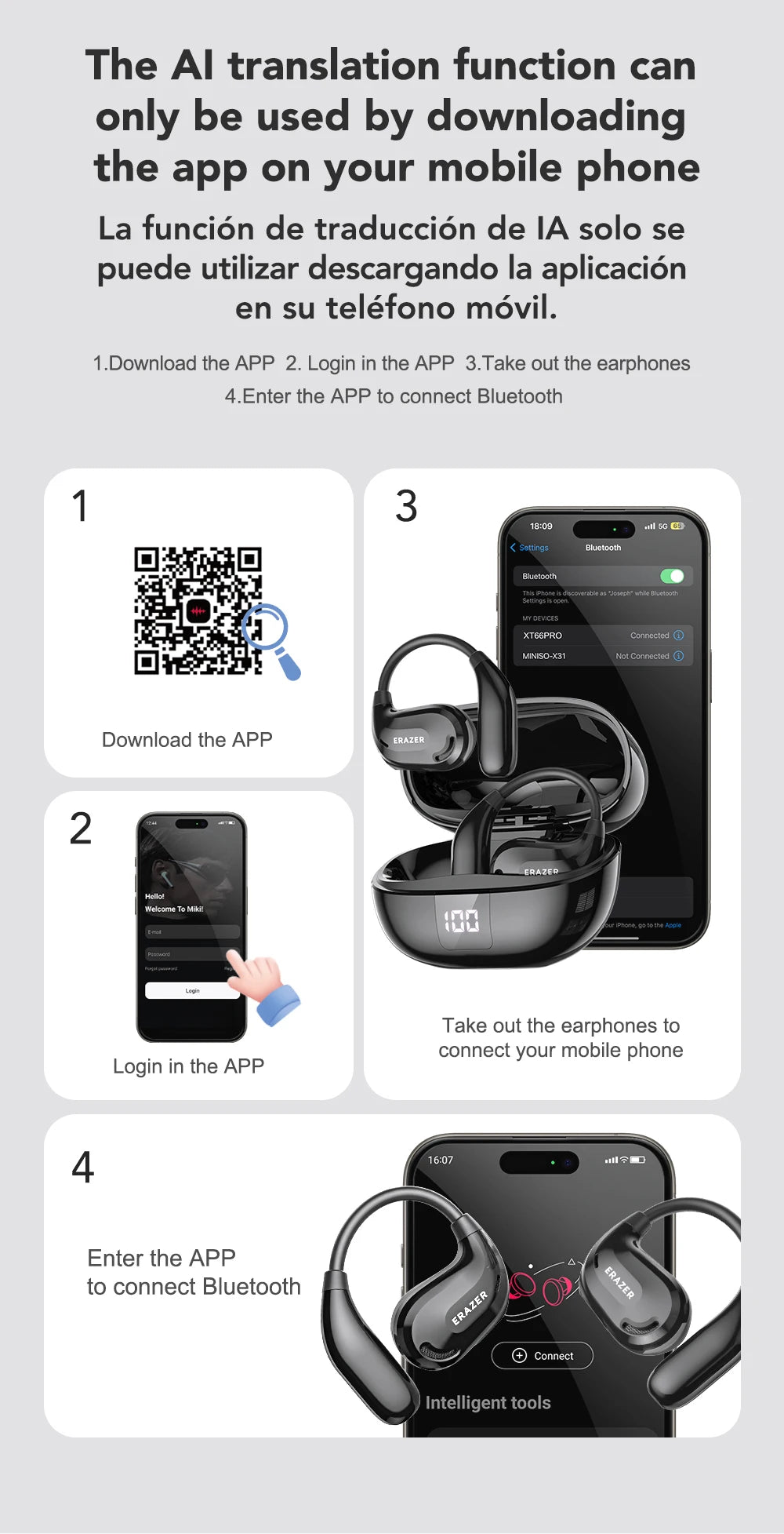 ERAZER XT66PRO Wireless Bluetooth Earphones with AI Translator Earbuds