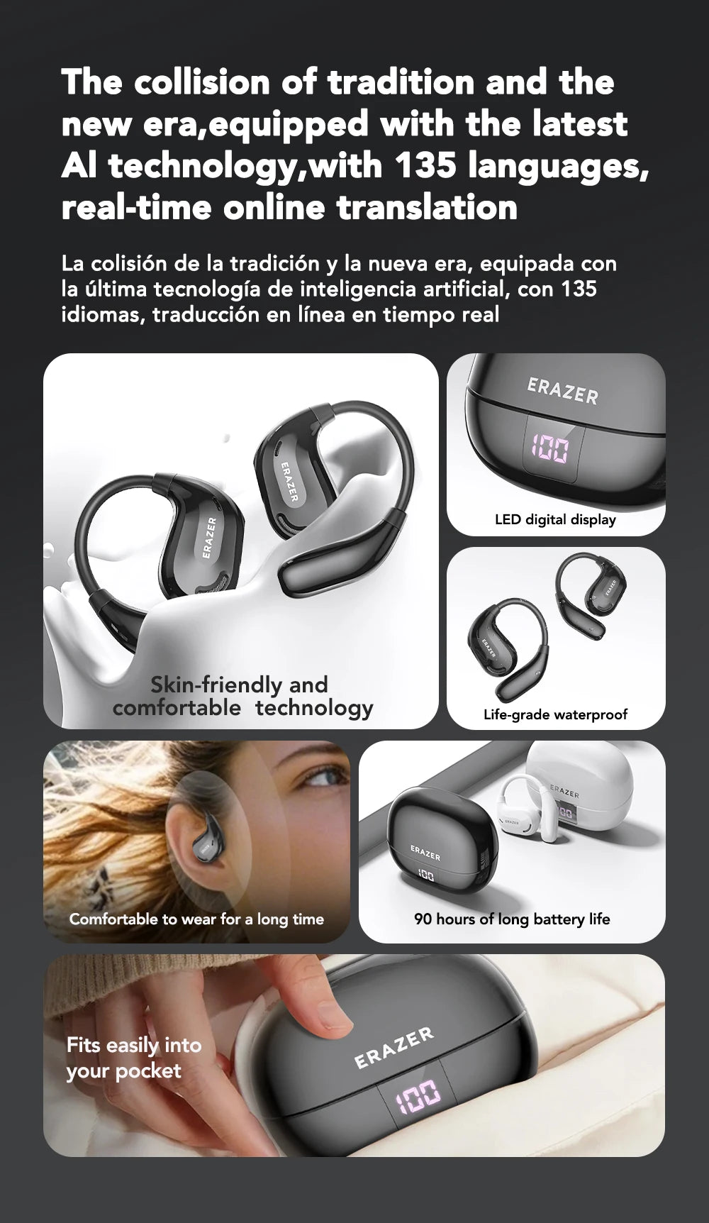ERAZER XT66PRO Wireless Bluetooth Earphones with AI Translator Earbuds